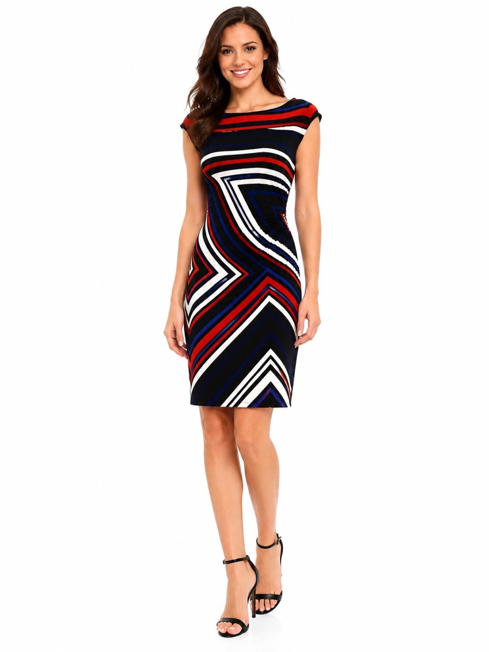 Tommy Hilfiger Geometric Dress Sz 4 Red, White, Blue & Black| Ruched Stretch